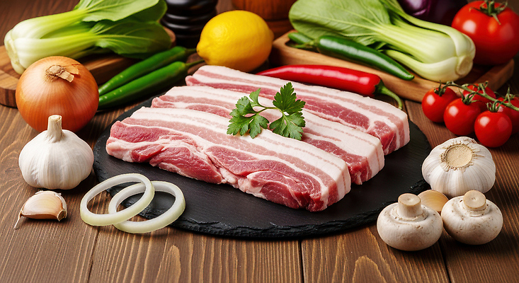 JPG 편집이미지 음식 채소 재료 양파 파프리카 마늘 돼지고기 요리 주방 식사 버섯 신선 레몬 준비 편집실사 AI포토 AI콘텐츠 과일 육류 CG 파일형식