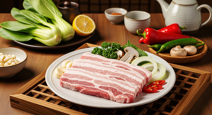 JPG 편집이미지 한식 고추 양파 건강 마늘 돼지고기 요리 식사 버섯 저녁 브로콜리 레몬 쌈 삼겹살 편집실사 AI포토 AI콘텐츠 음식 채소 과일 육류 야간 CG 파일형식