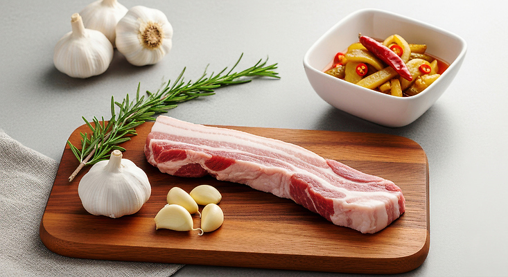 JPG 편집이미지 한식 식재료 도마 마늘 육류 요리 주방 고추장 향신료 삼겹살 로즈메리 식사준비 편집실사 AI포토 AI콘텐츠 음식 채소 주방용품 돼지고기 양념 허브 CG 준비 향미료 파일형식