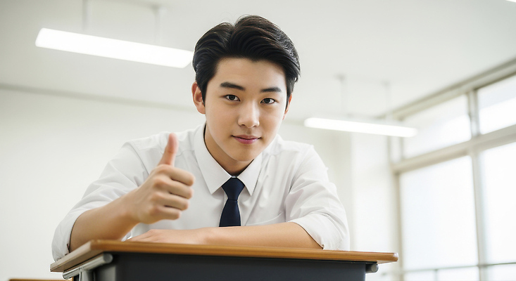JPG 편집이미지 학생 교육 교실 청소년 밝음 웃음 학습 청춘 엄지손가락 자신감 책상 긍정 소통 의료성형뷰티 편집실사 AI인물포토 AI콘텐츠 감정 가구 컨셉 손가락 학교 표정 사람 CG 파일형식 AI포토