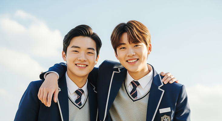 JPG 편집이미지 학생 교복 교실 학교 포옹 청소년 하늘 미소 친구 우정 쌍 즐거움 의료성형뷰티 Outdoors 편집실사 AI인물포토 AI콘텐츠 옷 교육 감정 관계 안기 표정 사람 CG 파일형식 AI포토