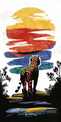 JPG 동물 예술 컬러 일러스트 자연 하늘 생명 풍경 그래픽 일출 노을 관찰 호랑이 저녁 열대우림 언덕 일과 서식지 뷰티풀 국내일러스트 AI일러스트 AI콘텐츠 자연요소 포유류 모션 야간 숲 생태계 파일형식