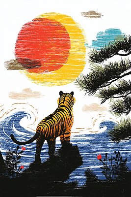 JPG 동물 전통 호수 물결 예술 일러스트 자연 하늘 풍경 햇빛 태양 일출 맑음 고요 일몰 호랑이 숲 한국화 강렬 뷰티풀 색채 국내일러스트 AI일러스트 AI콘텐츠 자연요소 포유류 날씨 노을 동양화 생태계 파일형식