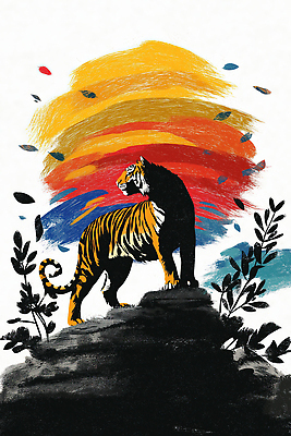 JPG 나무 동물 예술 컬러 백그라운드 일러스트 자연 하늘 생명 창조 풍경 뒷모습 검은색 황혼 금색 호랑이 저녁 표범 뷰티풀 국내일러스트 AI일러스트 AI콘텐츠 식물 뷰포인트 포유류 일몰 야간 생태계 파일형식