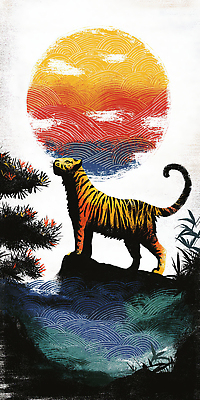 JPG 나무 동물 실루엣 물결 일러스트 자연 풍경 평화 일출 일몰 바위 호랑이 사냥꾼 귀족 동북아시아 뷰티풀 색감 국내일러스트 AI일러스트 AI콘텐츠 식물 직업 컨셉 포유류 촬영기법 노을 돌_바위 생태계 파일형식