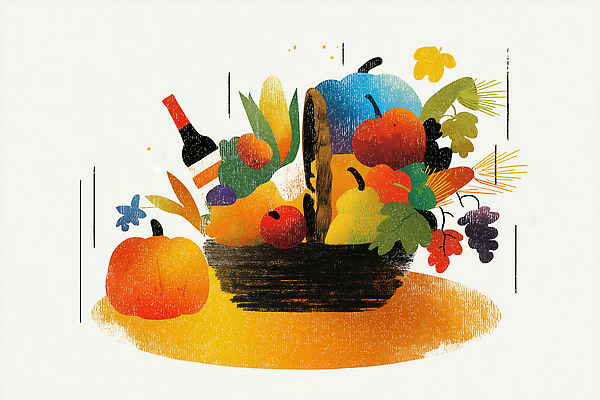 JPG 전통 문화 음식 채소 과일 일러스트 자연 탁자 풍경 일상 장식 농작물 바구니 식사 가을 신선 향기 뷰티풀 색감 국내일러스트 AI일러스트 AI콘텐츠 계절 가구 농업 라이프 생태계 냄새 파일형식