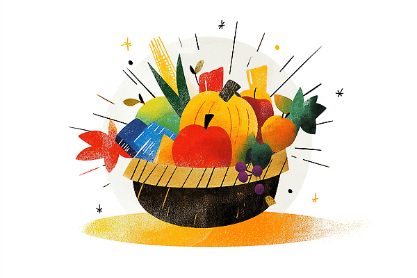 JPG 디자인 예술 음식 컬러 채소 과일 일러스트 자연 건강 여름 농작물 바구니 식사 표현 신선 그림 과일바구니 색감 국내일러스트 AI일러스트 AI콘텐츠 계절 농업 생태계 파일형식