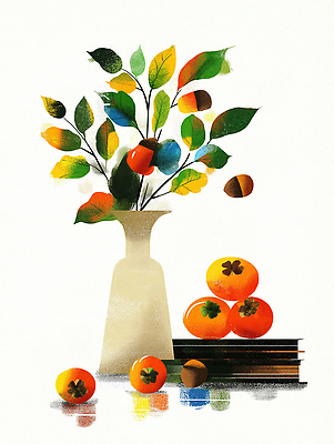 JPG 식물 디자인 감정 예술 컬러 단풍 잎 과일 일러스트 자연 탁자 따뜻함 인테리어 꽃병 가을 분위기 조화 정물화 창의성 국내일러스트 AI일러스트 AI콘텐츠 계절 꽃 가구 컨셉 그림 생태계 파일형식