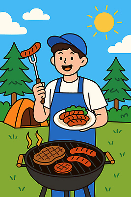 남자 음식 일러스트 자연 텐트 육류 요리 웃음 야외 여름 친구 햇빛 축제 캠핑 만남 소시지 그릴 숲 바비큐 캠핑장 즐거움 국내일러스트 AI파일 계절 감정 컨셉 식재료 관계 주방용품 레저 표정 캠핑도구 사람 태양 가공식품 생태계 파일형식 벡터