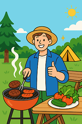 남자 채소 일러스트 가족 자연 아웃도어 텐트 육류 스테이크 요리 초록색 여름 친구 햇빛 식사 캠핑 소시지 그릴 숲 바비큐 즐거움 국내일러스트 AI파일 계절 감정 음식 컬러 식재료 관계 주방용품 레저 서양음식 캠핑도구 사람 태양 가공식품 생태계 파일형식 벡터