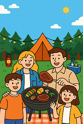 음식 채소 일러스트 가족 자연 놀이 함께함 텐트 육류 요리 웃음 여름 야외활동 캠핑 모임 그릴 숲 바비큐 캠핑장 즐거움 국내일러스트 AI파일 계절 감정 컨셉 식재료 관계 주방용품 레저 표정 캠핑도구 생태계 파일형식 벡터