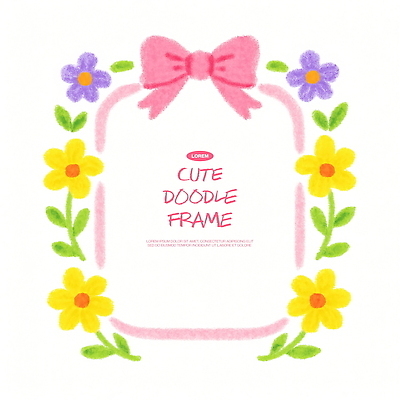 PSD 손글씨 디자인 꽃 리본 컬러 백그라운드 일러스트 프레임 장식 노란색 보라색 중앙 만화 그림 프로젝트 디지털아트 스타일 아기자기 국내일러스트 식물 컨셉 파일형식