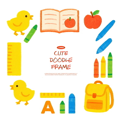 PSD 동물 디자인 교육 컬러 일러스트 배낭 학용품 색연필 프레임 병아리 연필 귀여움 표현 낙서 사과 오브젝트 연필깎이 창의성 아기자기 국내일러스트 컨셉 가방 과일 조류 문구용품 필기구 파일형식