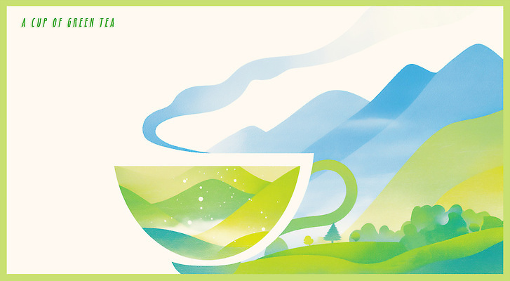 PSD 여유 음료 일러스트 자연 하늘 아침 휴식 산 풍경 초록색 평화 고요 산책 신선 차 맛 녹차 뷰티풀 탐방 국내일러스트 주간 감정 컬러 컨셉 차_음료 생태계 파일형식