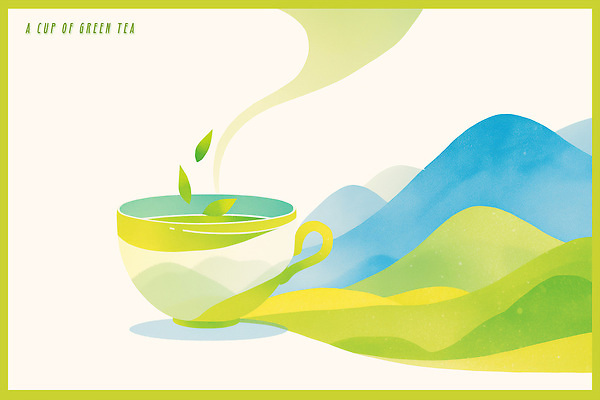 PSD 여유 잎 일러스트 자연 잔 산 건강 풍경 초록색 평화 연기 차 편안함 녹차 힐링 색감 국내일러스트 식물 식기 감정 음료 컬러 컨셉 차_음료 감각 생태계 파일형식