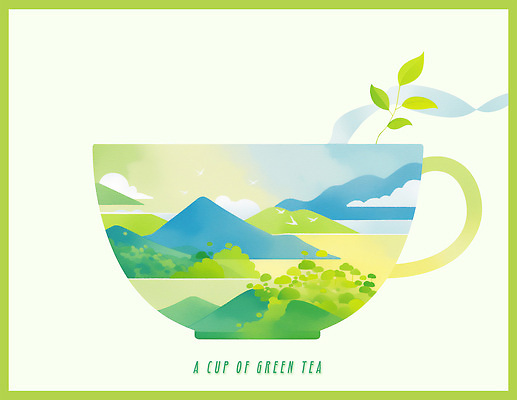 PSD 식물 여유 음료 일러스트 자연 하늘 휴식 잔 산 풍경 초록색 정원 수학 차 편안함 시원함 녹차 뷰티풀 테마 국경 국내일러스트 식기 감정 컬러 컨셉 교과목 차_음료 감각 생태계 파일형식