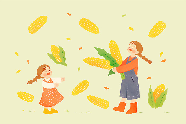 PSD 어린이 일러스트 가족 모션 자연 놀이 표정 옥수수 웃음 소녀 일상 여름 친구 농작물 농장 수확 즐거움 친환경 상상력 색채 국내일러스트 계절 여자 감정 농업 관계 곡류 사람 라이프 환경 생태계 파일형식