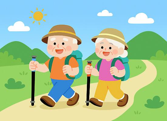 모자 부부 노년 행복 길 일러스트 자연 산 건강 대화 미소 풍경 야외 여름 운동 걷기 산책 트래킹 하이킹 즐거움 등산스틱 국내일러스트 AI파일 커플 잡화 계절 감정 모션 레저 휴식 표정 말하기 성인 생태계 등산용품 파일형식 벡터