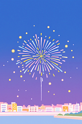 JPG 행복 컬러 하늘색 일러스트 하늘 조명 불꽃놀이 풍경 이벤트 여름 축제 도시 분위기 야간 즐거움 소음 경관 국내일러스트 AI일러스트 AI콘텐츠 자연요소 계절 감정 컨셉 놀이 파란색 소리 파일형식