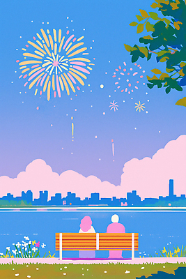 JPG 커플 컬러 벤치 일러스트 하늘 불꽃놀이 사랑 풍경 여름 평화 축제 감상 도시 저녁 강가 동료 클라우드서비스 뷰티풀 순간 국내일러스트 AI일러스트 AI콘텐츠 계절 감정 컨셉 의자 관계 놀이 강 야간 서비스 파일형식