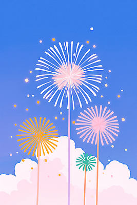 JPG 구름 분홍색 컬러 일러스트 하늘 불꽃 불꽃놀이 풍경 이벤트 초록색 여름 파란색 축제 주황색 놀람 기쁨 저녁 국내일러스트 AI일러스트 AI콘텐츠 자연요소 계절 감정 놀이 불 표정 야간 파일형식