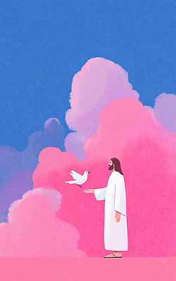 JPG 구름 감정 상징 분홍색 컬러 일러스트 자연 하늘 따뜻함 사람 평화 예수 비둘기 조화 뷰티풀 순간 환상 국내일러스트 AI일러스트 AI콘텐츠 자연요소 컨셉 조류 신_종교 생태계 파일형식