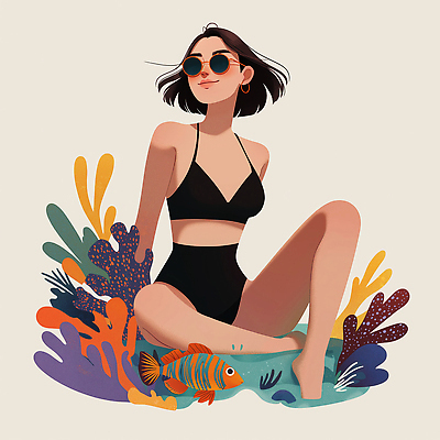 JPG 식물 여자 수영복 컬러 백그라운드 일러스트 자연 휴식 어류 풍경 취미 해변 일상 그래픽 여름 컬러풀 수중 수면 편안함 즐거움 그림 국내일러스트 AI일러스트 AI콘텐츠 옷 계절 감정 바다 컨셉 사람 라이프 물 수중동물 감각 생태계 파일형식