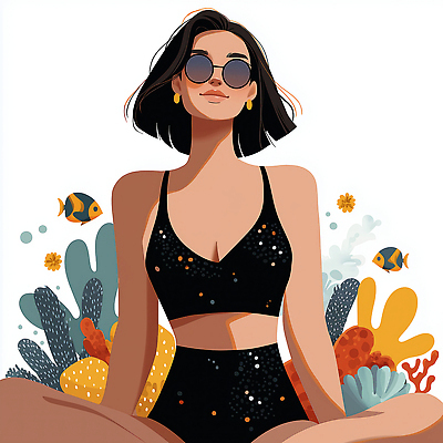 JPG 식물 여자 패션 수영복 안경 바다 컬러 일러스트 휴식 어류 풍경 일상 여름 수중동물 편안함 오브젝트 해수욕 뷰티풀 스타일 국내일러스트 AI일러스트 AI콘텐츠 동물 잡화 옷 계절 컨셉 휴가 사람 라이프 감각 파일형식