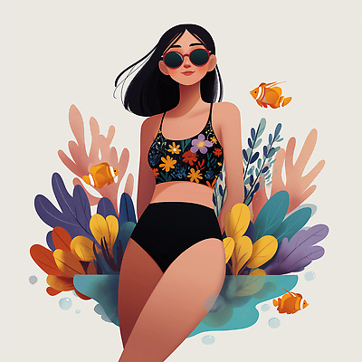 JPG 식물 여자 패션 수영복 바다 컬러 일러스트 자연 휴가 밝음 어류 해변 물 여름 수중 수영 즐거움 카리브해 아열대 알록달록 국내일러스트 AI일러스트 AI콘텐츠 자연요소 옷 계절 감정 사람 컬러풀 수중동물 수상스포츠 생태계 파일형식