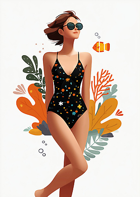 JPG 식물 여자 패션 수영복 여유 컬러 일러스트 자연 휴식 어류 해변 여름 귀여움 탐험 분위기 즐거움 그림 산들바람 국내일러스트 AI일러스트 AI콘텐츠 옷 계절 감정 바다 컨셉 바람 사람 수중동물 생태계 파일형식