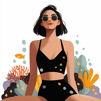 JPG 식물 패션 수영복 여유 모래 바다 여행 일러스트 자연 휴식 해변 여름 선글라스 수중동물 선탠 즐거움 해수욕 뷰티풀 스타일 국내일러스트 AI일러스트 AI콘텐츠 동물 옷 계절 감정 안경 컨셉 휴가 생태계 파일형식