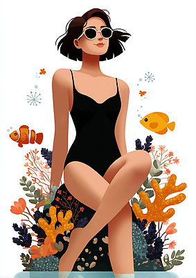 JPG 여자 수영복 꽃 바다 컬러 일러스트 자연 휴식 해변 여름 여름휴가 수중동물 해양식물 즐거움 그림 스타일 국내일러스트 AI일러스트 AI콘텐츠 식물 동물 옷 계절 감정 컨셉 휴가 사람 수중식물 생태계 파일형식 여름_계절