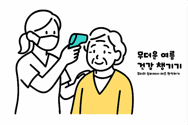 노년 일러스트 의학 커뮤니케이션 웃음 안전 사람 여름 건강관리 간호사 보호 더위 편안함 확인 예방 관심 도와주기 체온측정 국내일러스트 AI파일 계절 컨셉 날씨 표정 건강 관리 성인 의료진 감각 측정 파일형식 벡터