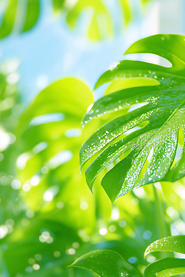 JPG 식물 편집이미지 잎 자연 아침 풍경 장식 초록색 빛 햇빛 촉촉함 성장 물방울 몬스테라 테라리움 편집실사 AI포토 AI콘텐츠 주간 컬러 태양 젖음 CG 생태계 원예 파일형식