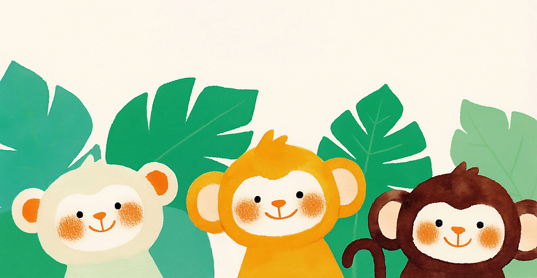 JPG 식물 동물 디자인 행복 일러스트 자연 열대 미소 친구 귀여움 원숭이 표현 그림 생태계 서식지 국내일러스트 AI일러스트 AI콘텐츠 감정 컨셉 포유류 관계 표정 파일형식