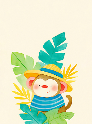 JPG 식물 동물 캐릭터 모자 컬러 백그라운드 일러스트 자연 열대 표정 여름 파란색 노란색 귀여움 줄무늬 원숭이 만화 즐거움 그림 청록색 국내일러스트 일러캐릭터 AI일러스트 AI콘텐츠 잡화 계절 감정 컨셉 무늬 포유류 생태계 파일형식