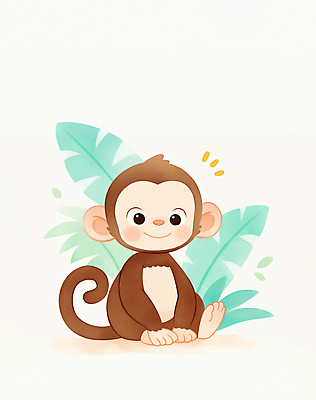 JPG 동물 캐릭터 디자인 행복 백그라운드 일러스트 자연 동화 웃음 초록색 갈색 귀여움 원숭이 열대식물 그림 애니메이션 초상화 국내일러스트 일러캐릭터 AI일러스트 AI콘텐츠 식물 감정 컬러 컨셉 포유류 표정 생태계 파일형식