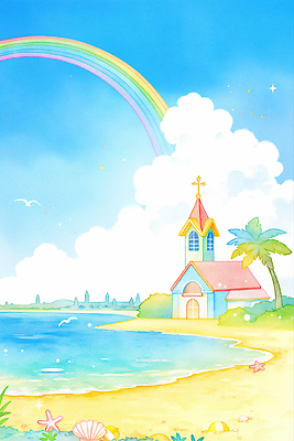 JPG 바다 여행 무지개 일러스트 자연 하늘 휴식 열대 풍경 해변 일상 여름 파란색 모래사장 교회 평화 조용 뷰티풀 국내일러스트 AI일러스트 AI콘텐츠 자연요소 계절 컬러 컨셉 종교건축 건물 라이프 생태계 파일형식