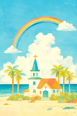JPG 바다 컬러 무지개 일러스트 가족 자연 하늘 수채화 풍경 해변 여름 관광지 친구 야자수 햇빛 교회 평화 산책 그림 조화 뷰티풀 국내일러스트 AI일러스트 AI콘텐츠 자연요소 나무 계절 여행 컨셉 관계 종교건축 휴식 건물 태양 생태계 파일형식