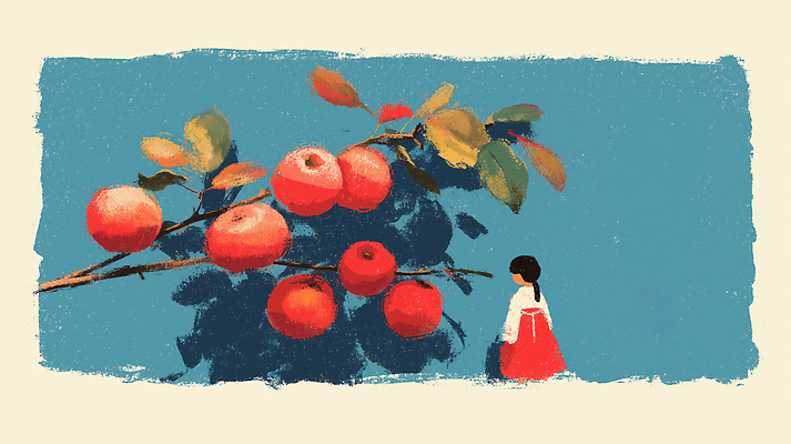JPG 나무 전통 문화 컬러 여행 농업 과일 일러스트 자연 건강 사람 풍경 소녀 가을 사과 한복 사과나무 과일따기 뷰티풀 국내일러스트 AI일러스트 AI콘텐츠 식물 한국전통 계절 여자 산업 어린이 전통의상 생태계 파일형식