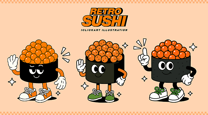 캐릭터 디자인 문화 음악 음식 컬러 포즈 일러스트 그래픽 친구 귀여움 일본 초밥 만화 즐거움 복고 스타일 일러캐릭터 AI파일 감정 아시아 컨셉 관계 문화예술 일본음식 파일형식 벡터