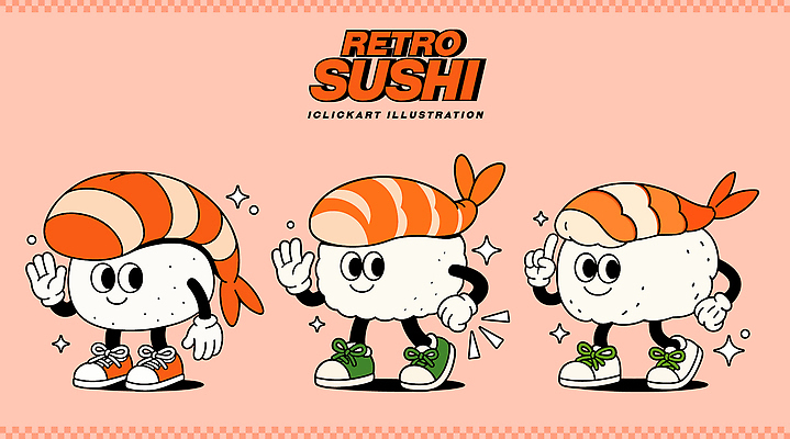 캐릭터 디자인 문화 음식 포즈 일러스트 귀여움 초밥 다양 표현 화려 만화 즐거움 상쾌 복고 애니메이션 일본음식 아기자기 일러캐릭터 AI파일 감정 다수 컨셉 파일형식 벡터