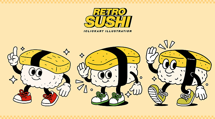 캐릭터 디자인 문화 예술 음식 컬러 포즈 일러스트 그래픽 운동 걷기 귀여움 일본 초밥 만화 복고 감성 애니메이션 창의성 일러캐릭터 AI파일 아시아 컨셉 모션 건강 일본음식 파일형식 벡터