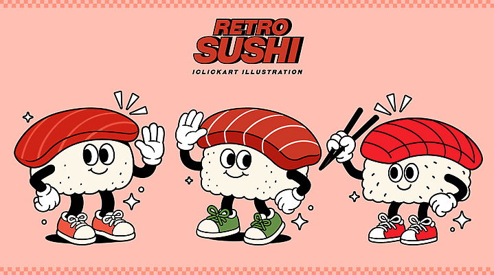 캐릭터 디자인 문화 컬러 포즈 일러스트 젓가락 아이디어 미소 그래픽 귀여움 유머 복고 애니메이션 생동감 창의성 일본음식 일러캐릭터 AI파일 감정 음식 컨셉 수저 표정 파일형식 벡터