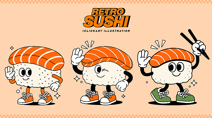 캐릭터 디자인 예술 음식 포즈 일러스트 그래픽 귀여움 일본 초밥 표현 춤 해산물 즐거움 복고 애니메이션 상상력 색감 생동감 일러캐릭터 AI파일 감정 아시아 컨셉 문화예술 일본음식 파일형식 벡터