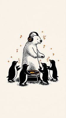 JPG 동물 캐릭터 음악 바다 컬러 일러스트 동화 친구 파티 귀여움 헤드폰 소리 감상 춤 북극 즐거움 펭귄 북극곰 턴테이블 흥미 국내일러스트 일러캐릭터 AI일러스트 AI콘텐츠 감정 음향기기 컨셉 곰 관계 조류 문화예술 이벤트 극지방 파일형식