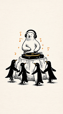 JPG 동물 음악 일러스트 곰 자연 키스 파티 헤드폰 소리 무대 춤 북극 즐거움 그림 펭귄 턴테이블 순간 국내일러스트 AI일러스트 AI콘텐츠 감정 음향기기 포유류 조류 문화예술 이벤트 극지방 애정표현 생태계 파일형식