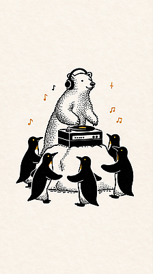 JPG 동물 음악 바다 겨울 일러스트 자연 친구 파티 얼음 축제 소리 모임 춤 DJ 즐거움 그림 펭귄 북극곰 턴테이블 국내일러스트 AI일러스트 AI콘텐츠 자연요소 계절 감정 곰 관계 조류 문화예술 이벤트 생태계 파일형식