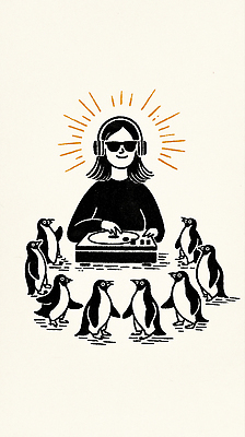 JPG 동물 음악 연주 일러스트 상상 여름 파티 헤드폰 작업 DJ 즐거움 펭귄 순환 조화 턴테이블 믹싱 창의력 흥미 국내일러스트 AI일러스트 AI콘텐츠 계절 감정 음향기기 컨셉 모션 조류 문화예술 이벤트 파일형식