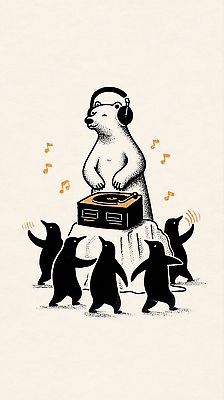 JPG 동물 캐릭터 음악 일러스트 모션 함께함 대화 친구 파티 소리 자유 춤 북극 즐거움 펭귄 북극곰 조화 턴테이블 국내일러스트 일러캐릭터 AI일러스트 AI콘텐츠 감정 컨셉 곰 관계 조류 문화예술 말하기 이벤트 극지방 파일형식